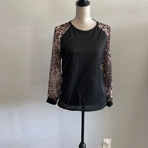 Unknown brand baseball long sleeve black w/leopard sleeves.  Size XL c/b s-m